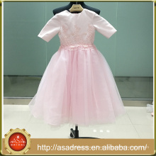 ASAP-09 Fotos reales Apliques con cuentas Tul Satén Cuello joya Mangas cortas Vestido de fiesta rosa Vestidos de niña de flores